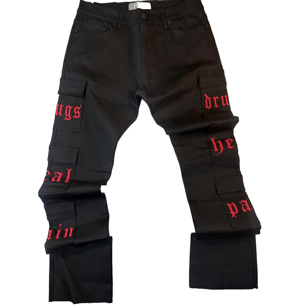 Golden Cargo Jeans Mens 38 Black Red Gothic Dr$gs Heal Pain Writing Streetwear